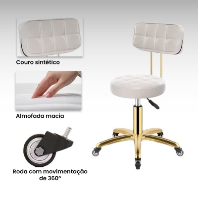 Cadeira giratória branca com estofado acolchoado, base dourada e rodas móveis.