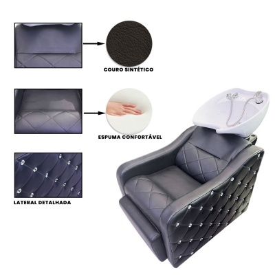 Cadeira de cabeleireiro preta com lavatório branco e detalhes em tachas nas laterais.