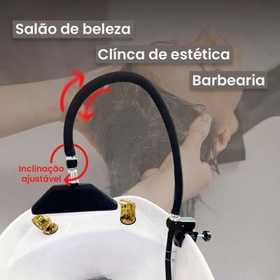 Torneira ajustável preta e branca num lavatório com texto de salões