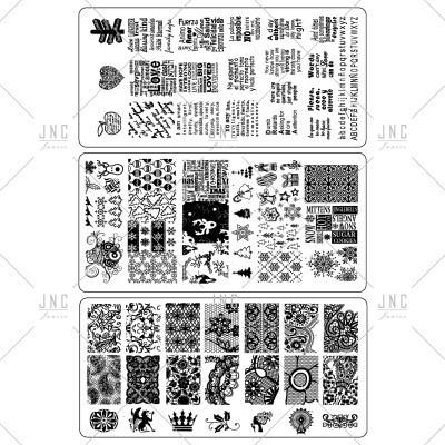 Três folhas com designs gráficos e textos em preto para decoração ou carimbos