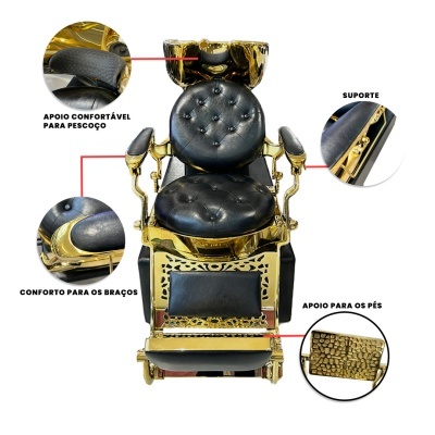 Cadeira de barbeiro dourada com estofos pretos acolchoados e vários apoios confortáveis