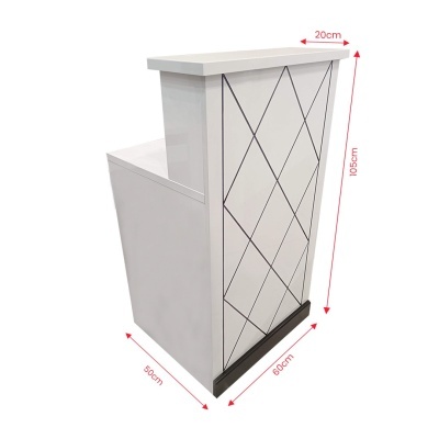 Balcão branco com linhas geométricas pretas e base escura, mostrado com medidas