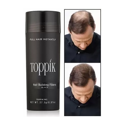 Frasco preto Toppík Hair Building Fibers ao lado imagens antes e depois em homem com cabelo ralo