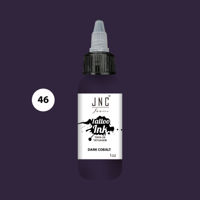 Frasco de tinta para tatuagem JNC Dark Cobalt 1oz com rótulo branco e fundo roxo.