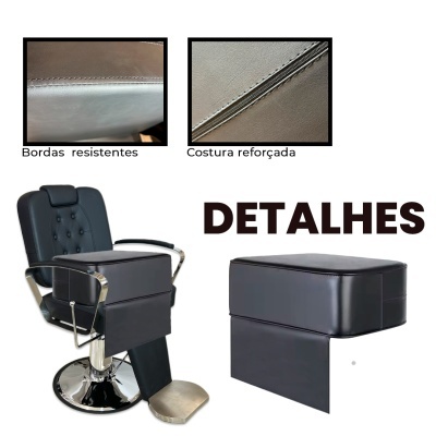 Cadeira de barbearia preta com peça auxiliar preta, detalhe em costura reforçada e bordas resistentes