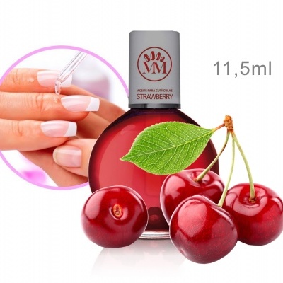 Verniz para unhas vermelho com cerejas e imagem de mãos a aplicar