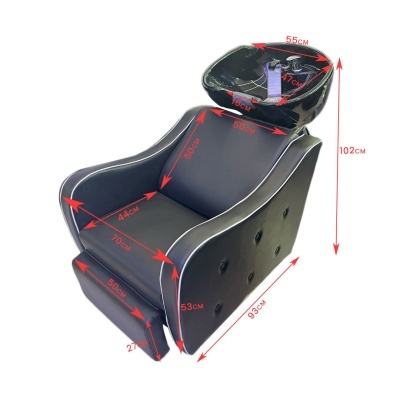 Cadeira preta para lavagem de cabelo com cuba e medidas em centímetros