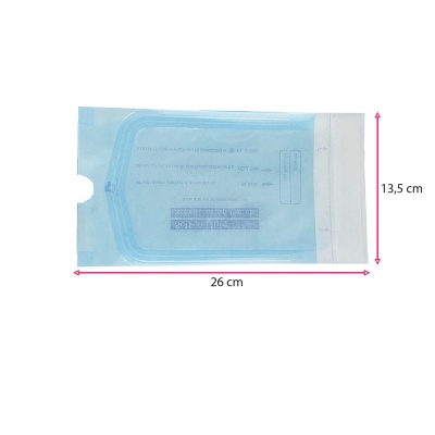 Bolsa de esterilização azul translúcida com medida impressa