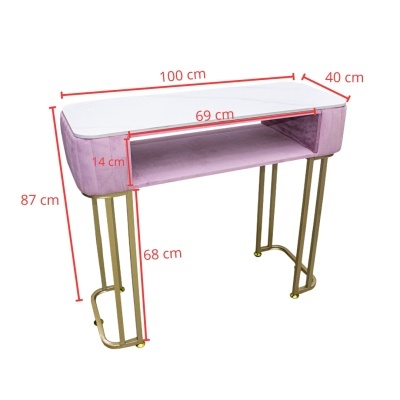 Secretária branca com estrutura rosa e pernas douradas com medidas visíveis.