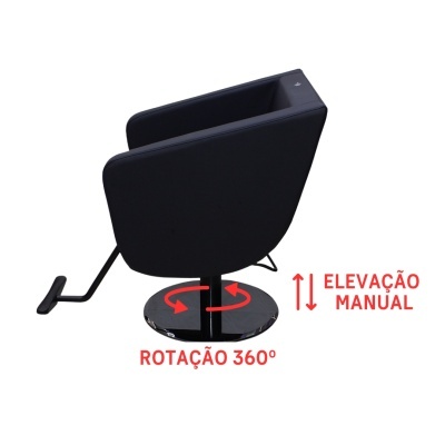 Cadeira preta giratória com base circular e alavanca de elevação manual
