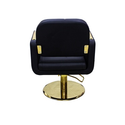 Cadeira de salão preta com base e detalhes dourados