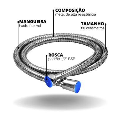 Mangueira metálica flexível com proteções azuis nas extremidades.