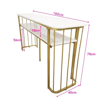 Secretária metálica dourada com tampo e prateleira branca e medidas indicadas