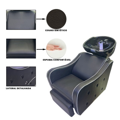 Cadeira de lavagem de cabelo em couro sintético preto com detalhes brancos e lavatório preto