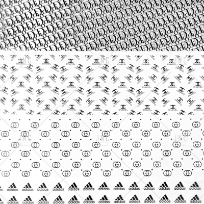 Padrões repetidos de logótipos Dior, Chanel, logótipo circular estilizado e Adidas em faixas horizontais.