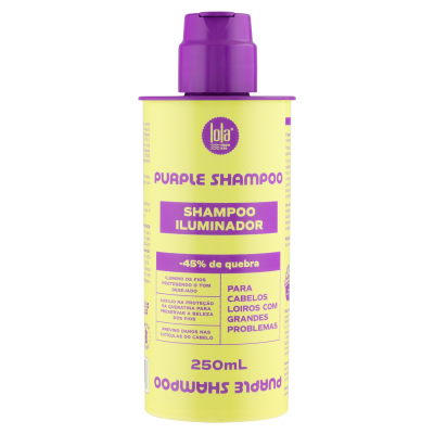Frasco amarelo com tampa roxa de shampoo Purple Shampoo 250mL.