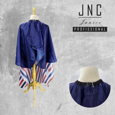 Capa de cabeleireiro azul com interior listrado exibida em manequim