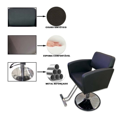 Cadeira preta de cabeleireiro com base metálica redonda e apoio para os pés