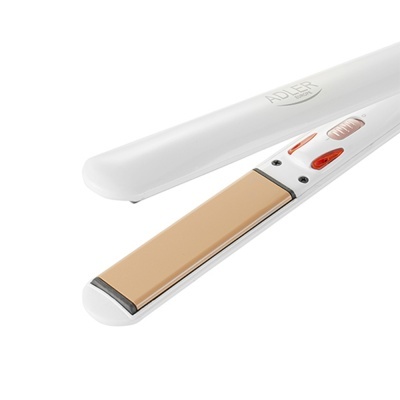 Prancha de alisar cabelo branca com placa cerâmica dourada e botões de controlo
