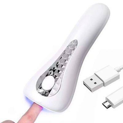 Dispositivo branco com botão circular e padrão geométrico prateado, cabo USB e micro USB