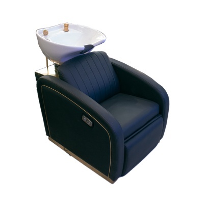 Cadeira de cabeleireiro preta com lava-cabeças branco