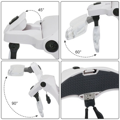 Dispositivo portátil branco com lentes acrílicas ajustáveis e botões pretos