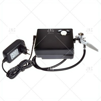 Conjunto de aerógrafo com compressor preto e pistola metálica