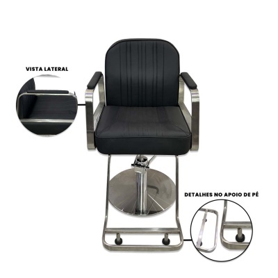 cadeira preta acolchoada com estrutura metálica e base redonda com apoio de pés