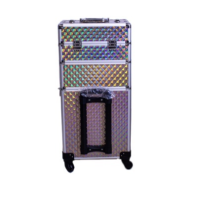 Mala de rodas holográfica prateada com três compartimentos e fechos metálicos