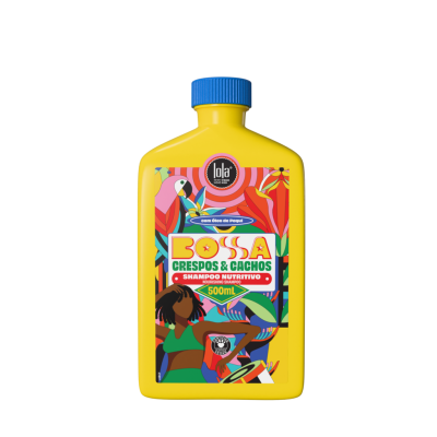 Frasco amarelo com tampa azul e rótulo colorido de shampoo para cabelos crespos e cacheados