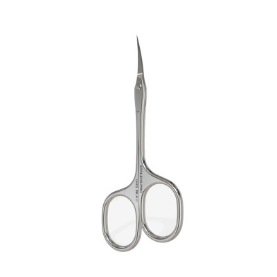 Tijeras de manicura prateadas com lâminas curvas e furos ovais para os dedos