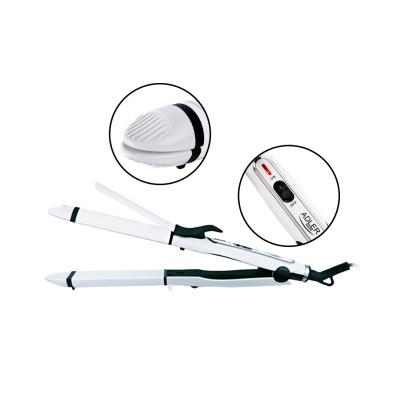 Alisador de cabelo branco e preto com detalhes metálicos e indicador luminoso