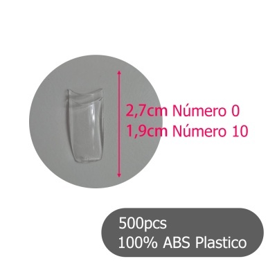 Produto plástico transparente com medidas em centímetros e texto sobre quantidade e material