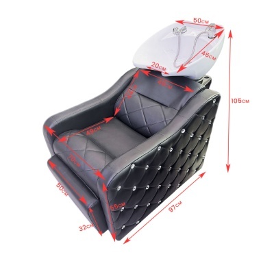 Cadeira de lavagem preta acolchoada com tanque branco e medidas em vermelho