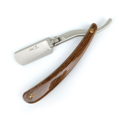 Navalha de barbear com lâmina metálica e cabo em madeira castanha