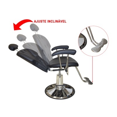 Cadeira de barbeiro preta com ajuste inclinável e apoio de pernas em aço cromado