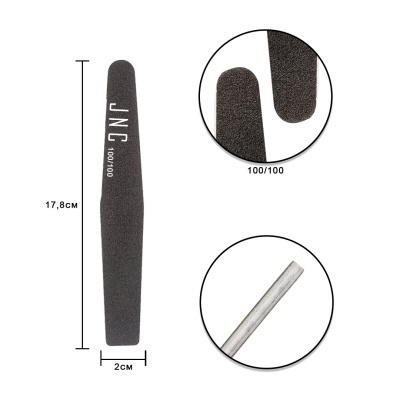 Lima de unhas preta com a marca JNC e medidas indicadas