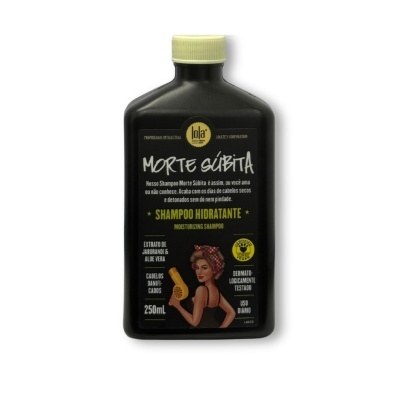 Frasco preto de shampoo hidratante Morte Súbita da marca Lola com rótulo em português