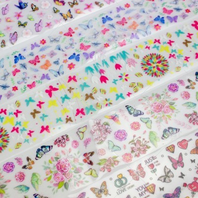 Folhas de autocolantes transparentes com borboletas e flores coloridas