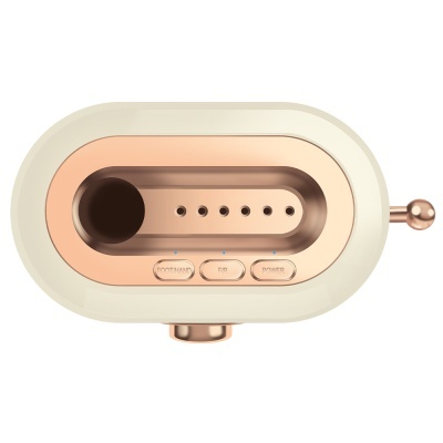 Dispositivo eletrónico em cores bege e cobre com botões e alavanca