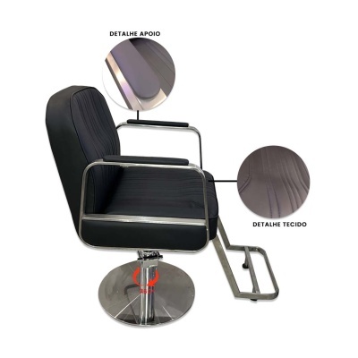 Cadeira de cabeleireiro preta com apoios e base metálica ajustável