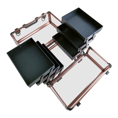Mala metálica de maquilhagem cobre com vários compartimentos pretos organizadores