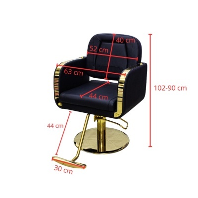 Cadeira de salão preta com detalhes dourados e medidas em centímetros indicadas em vermelho