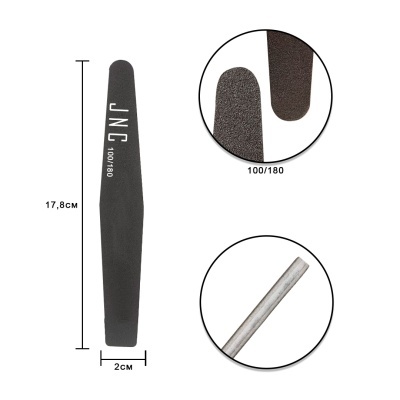 Lima de unha preta JNC 100/180 com medições e close-ups da superfície e lateral