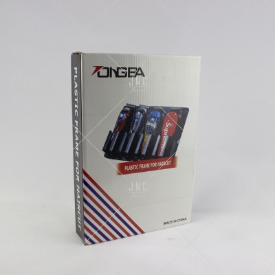 Embalagem de kit de moldes plásticos para corte de cabelo com textos visíveis.