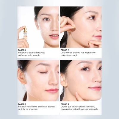 Passos de aplicação de fio de proteína para rosto com essência dourada e massagem