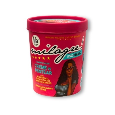 Creme de pentear Milagre! embalagem vermelha com ilustração de mulher e texto em azul e amarelo