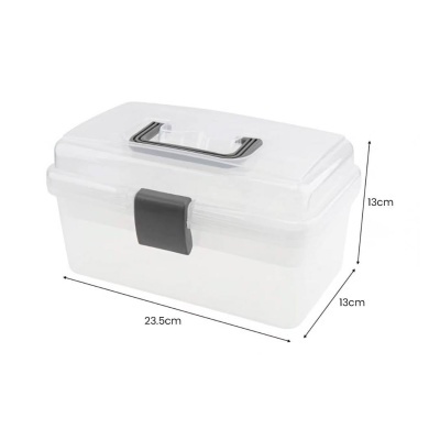 Caixa organizadora de plástico translúcido com tampa e pega preta