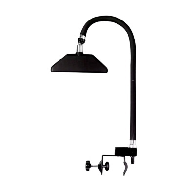 Luminária preta com braço flexível e suporte de fixação de mesa