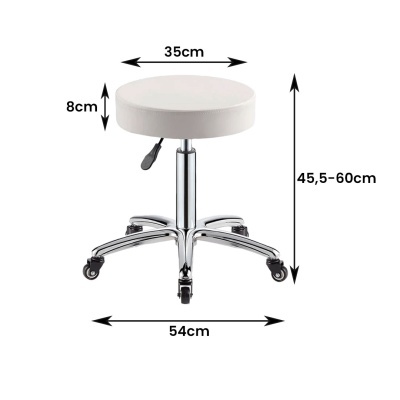 Cadeira giratória de banco branco com base metálica e rodas, com medidas visíveis
